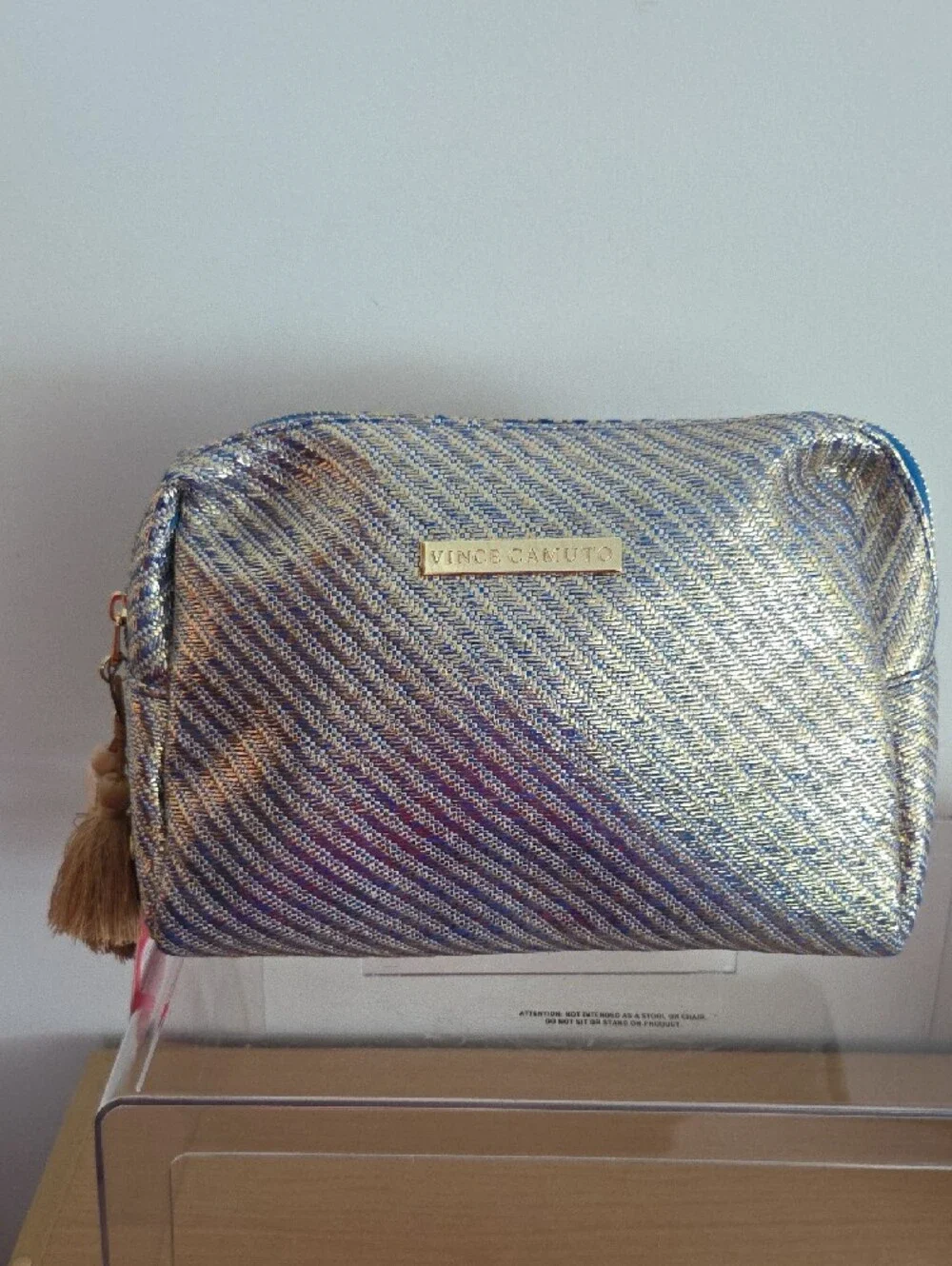 Vince Camuto NWT Metallic Chevron Cosmetic Pouch in Gold and Blue